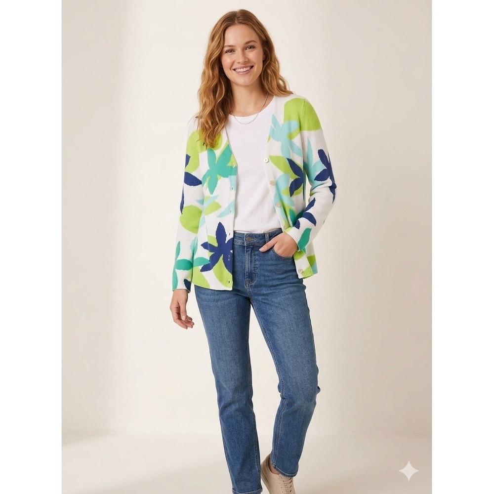 Appleseed's Cardigan Sweater White Floral Cotton Print PM Women's V-Neck